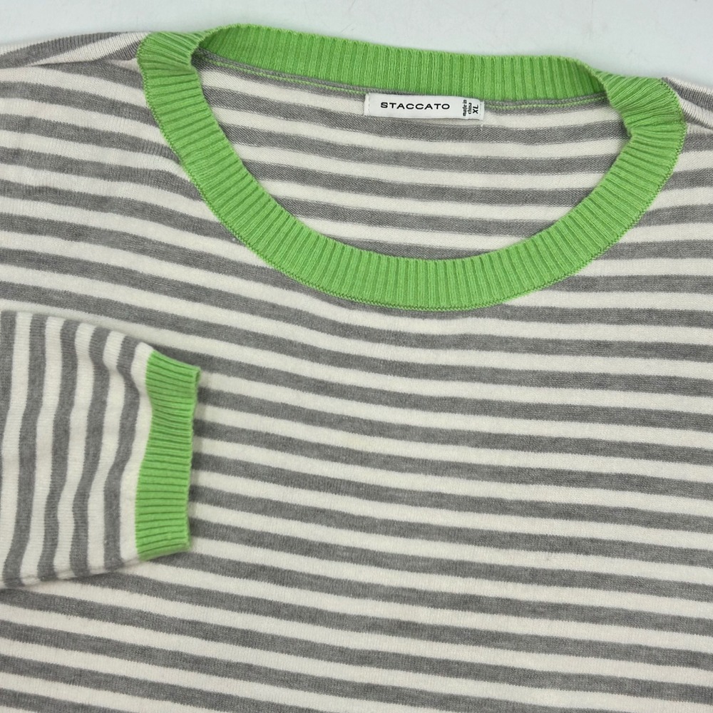 Staccato Striped Sweater Grey White Lime Green Womens XL Crew Neck Knit‎ EUC